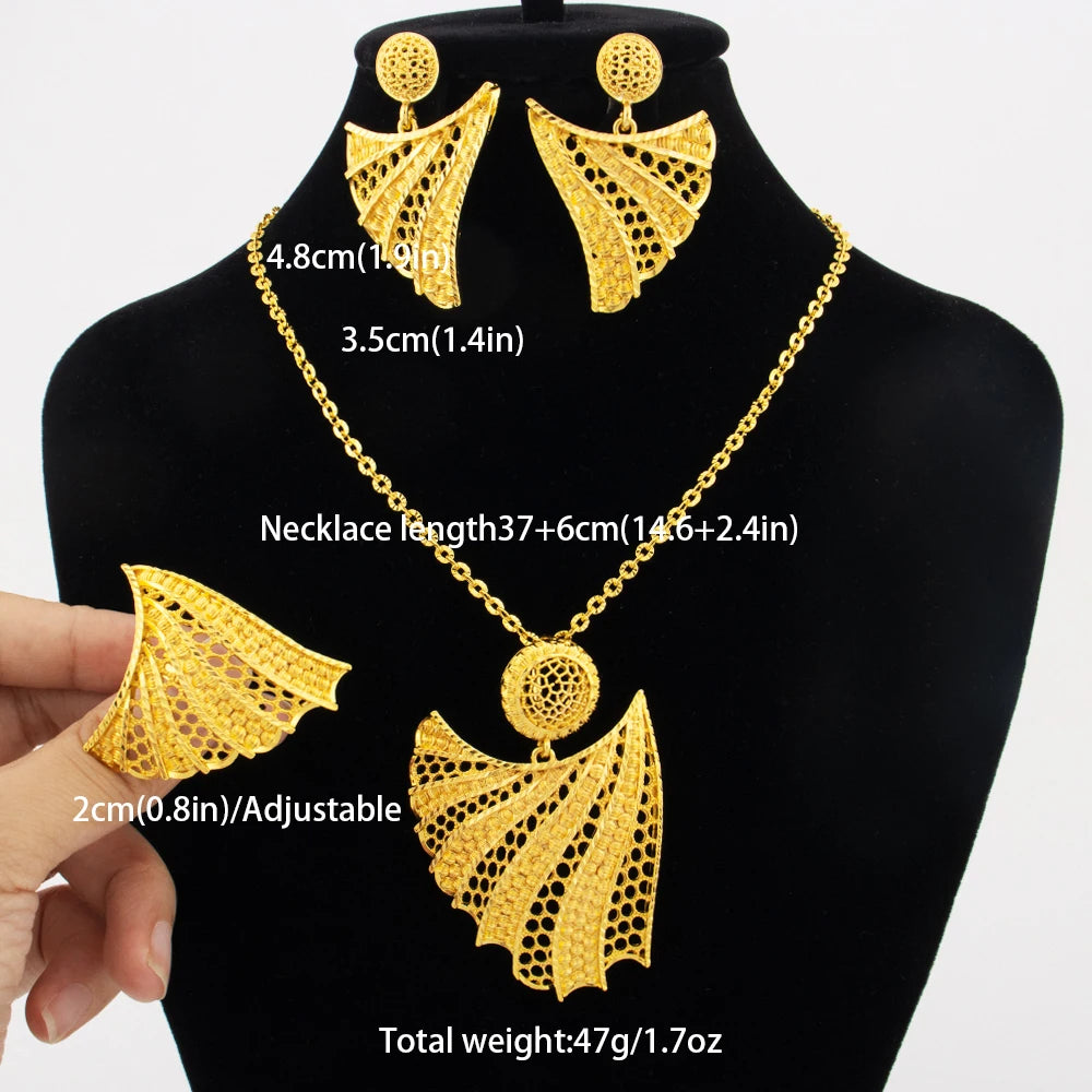 24 Karat goldfarbenes Party-Halskette-Ohrringe-Ringe-Set, luxuriöse Goldschmuck-Sets für Damen, Hochzeitsfeier-Accessoires
