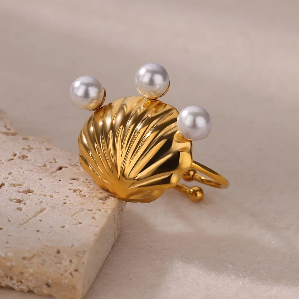Edelstahl Blumenringe für Frauen Goldfarbe Muschel Seestern Mehrschichtiger Aushöhlungsring Modeschmuck Hochzeitsgeschenke