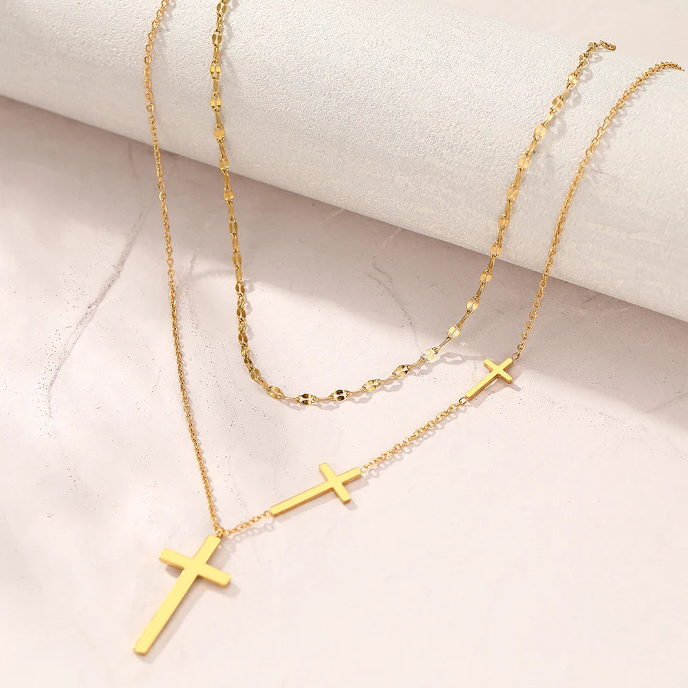DOTIFI Stainless Steel Necklaces Cross Pendant Choker Double Stacked Wear Light Luxury Fine Necklace For Women Jewelry