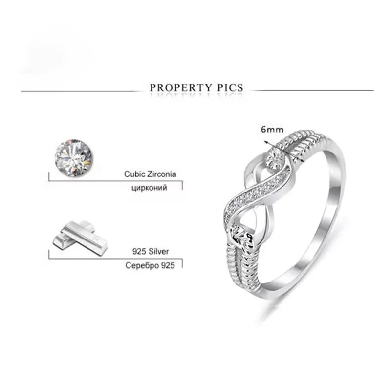 Anillos con forma de 8 con letras de la suerte para mujer, de plata de ley, circonita cúbica AAA, joyería de la eternidad, regalo de boda para mujer