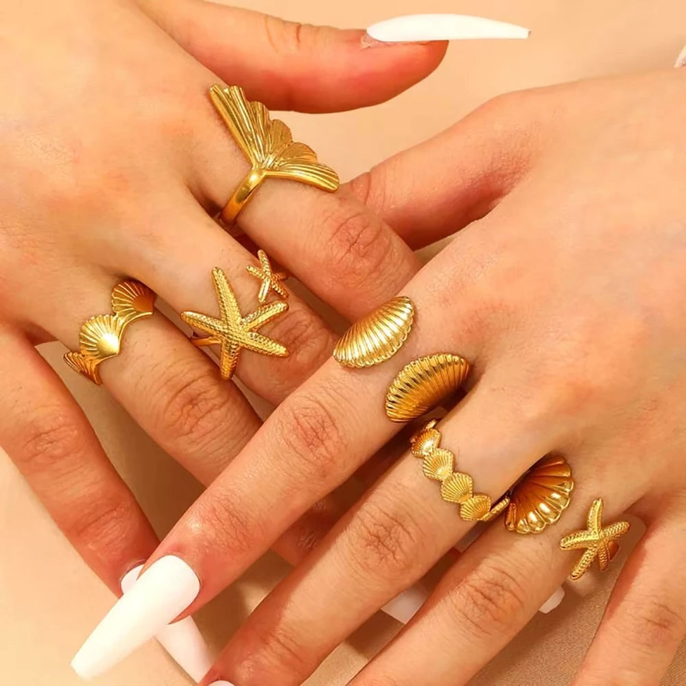 Ozean Seestern Muschel Offene Ringe Für Frauen Goldfarben Edelstahlring Sommer Strand Ästhetik Wasserdichter Schmuck Geschenk