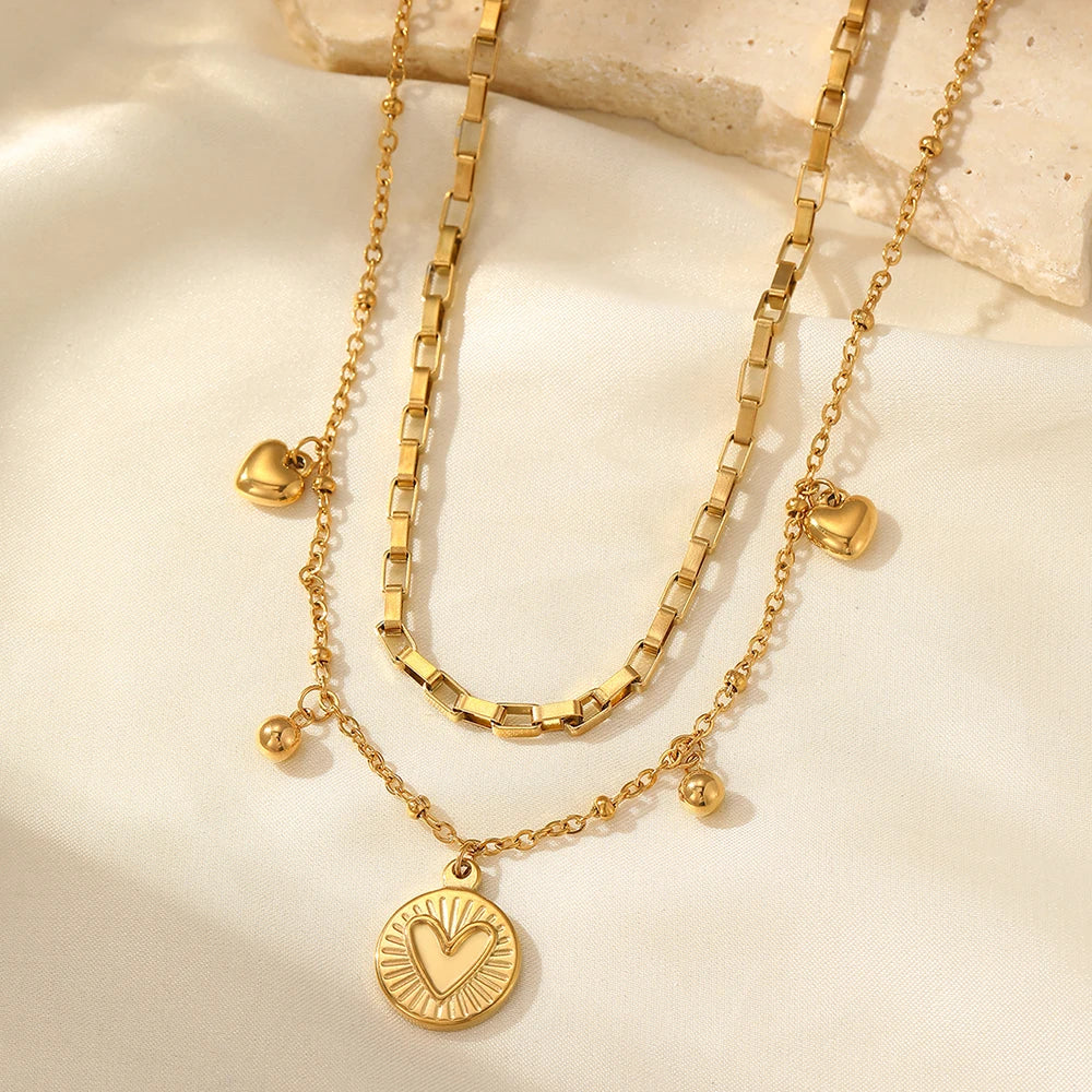 woiwoi Stainless Steel Necklace Luxury Exquisite Peach Heart Double Layer Bone Chain Ladies Jewelry Birthday Anniversary Gift