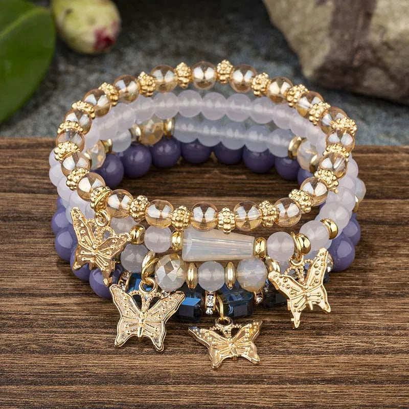 4 Stück Böhmisches Schmetterlings-Charm-Armband-Set für Damen, Kristallperlen, Kettenarmreif, weibliche Mode-Party-Schmuckgeschenk