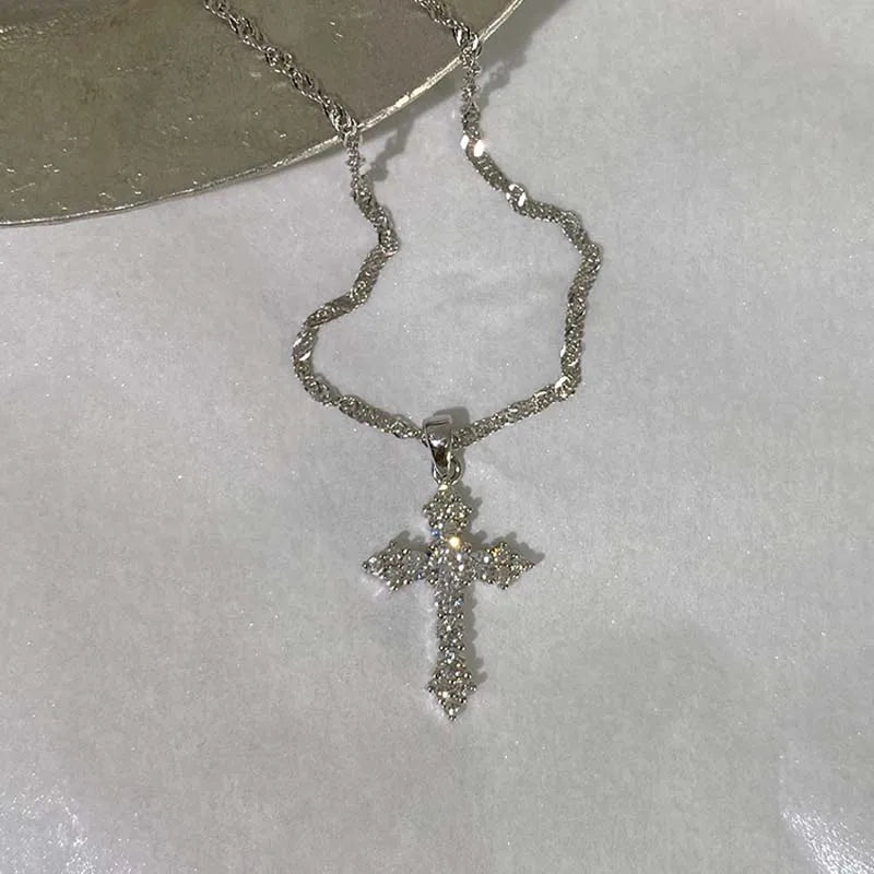 Glänzende Kristall Zirkon Kreuz Anhänger Halskette für Frauen Mädchen Punk Silber Farbe Dünne Kette Halskette Party Schmuck Geburtstagsgeschenk