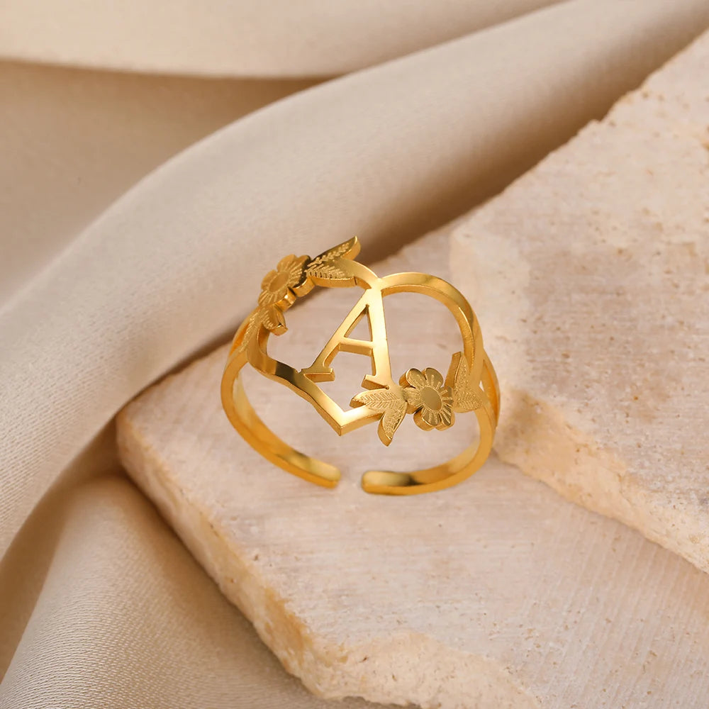 Stainless Steel Initials Letter Heart Rings for Women Girls Gold Color Flower Alphabet Ring Fashion Valentine's Day Jewelry Gift