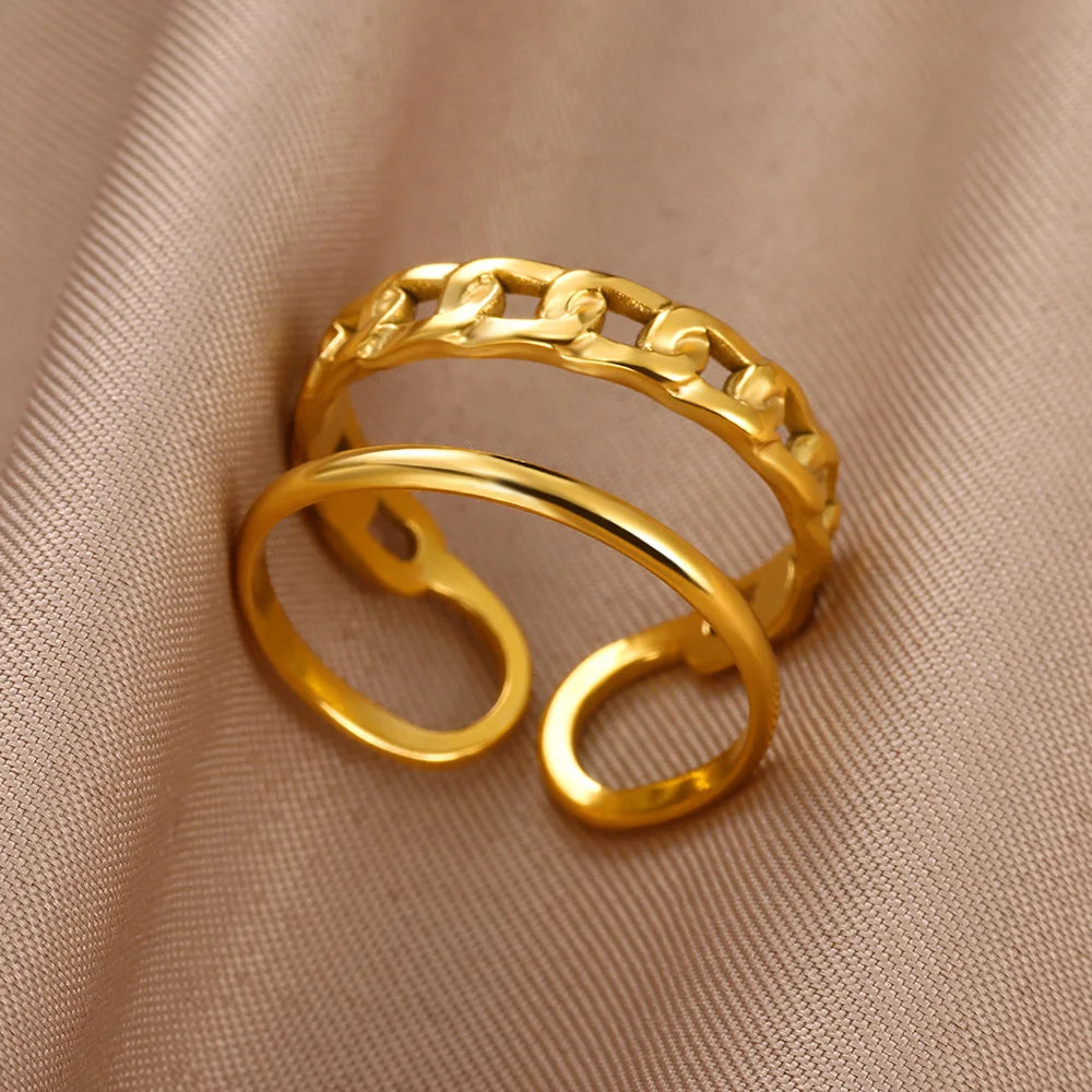 Edelstahl Doppelring für Frauen Vintage Hohl Geometrischer Fingerring Modeschmuck Hochzeit Geburtstagsgeschenk