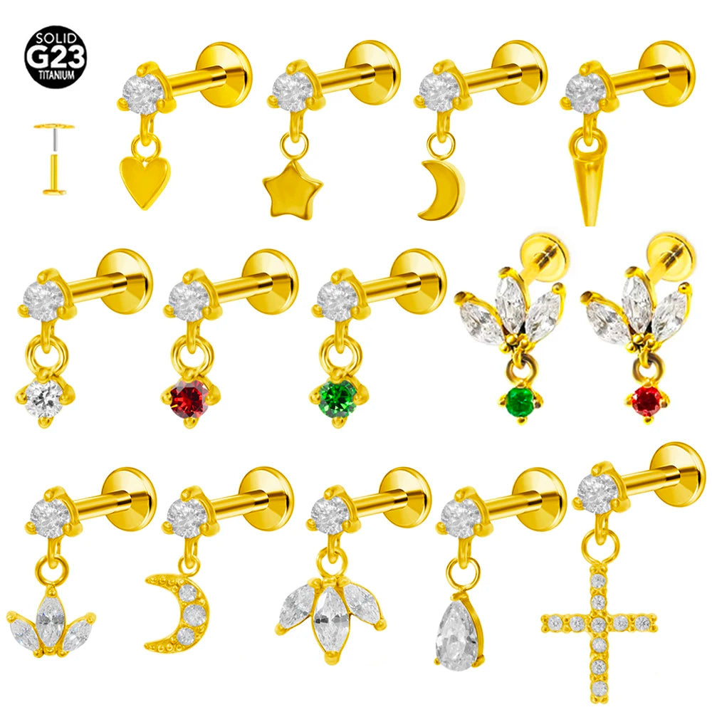G23 Titan Mond Stern Anhänger Labret Piercing Push-In Spitzkegel Ohrring Stecker Anhänger Gewindeloser Knorpel Piercing Körperschmuck