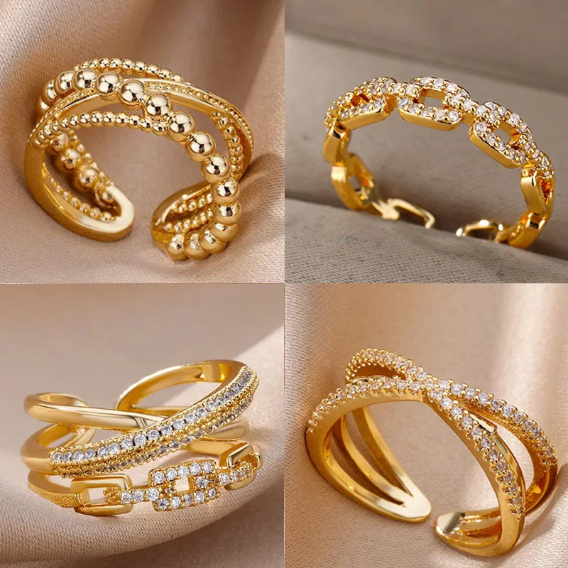 Anillos abiertos de cadena retorcida de circonita para mujer, anillos ajustables de acero inoxidable con diseño geométrico trenzado, regalo de joyería estética para bodas