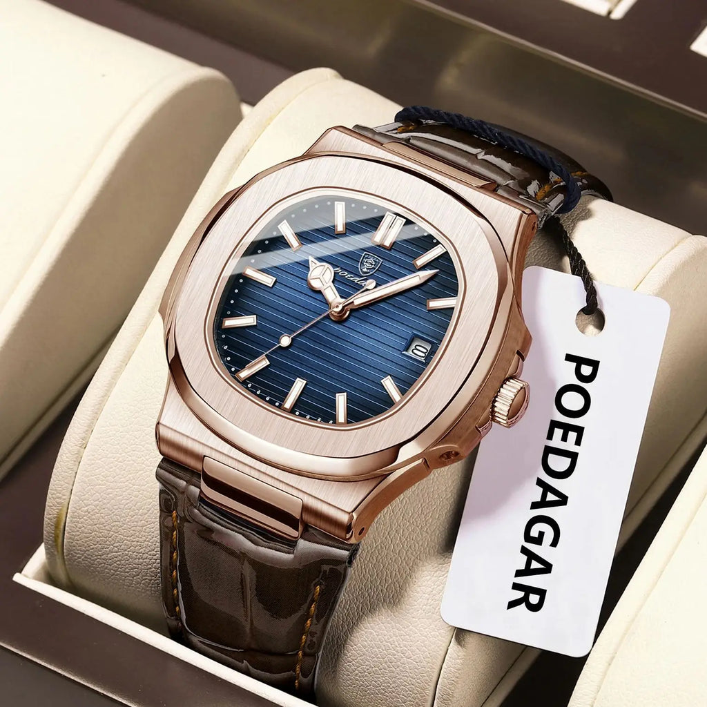 POEDAGAR Reloj de Cuarzo de Cuero para Hombre, a la Moda, Cuadrado, Impermeable, Luminoso, con Fecha, de Negocios, Casual, Reloj de Pulsera para Hombre