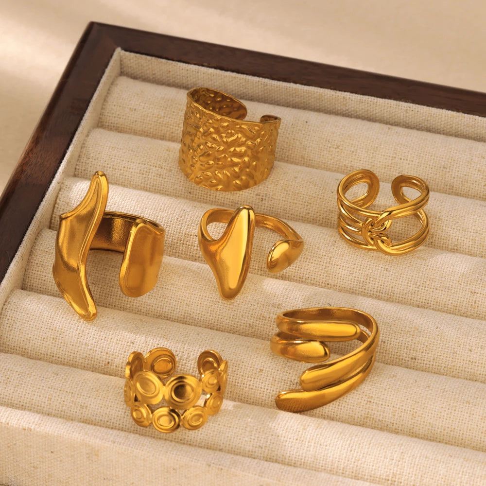 Goldfarbene Edelstahl Geometrische Ringe für Frauen Zirkon Herz Sonne Mond Offener Ring Mode Ästhetischer Schmuck Hochzeitsgeschenk