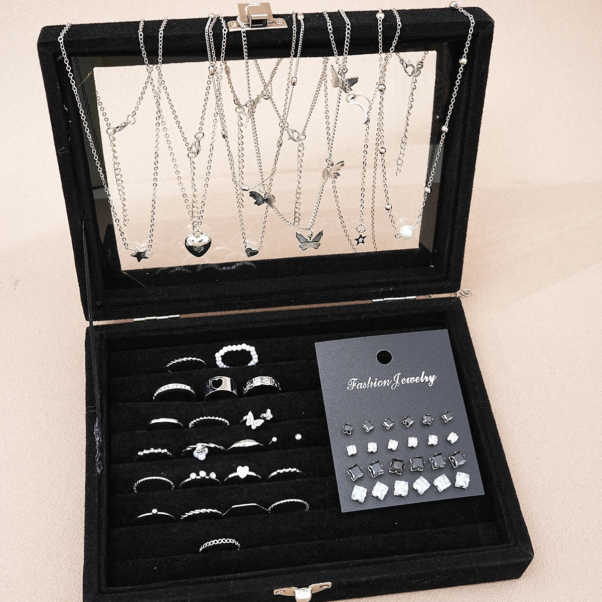 51-teiliges Set, silbern, schickes Schmuckset für Damen, modische Schmetterlings-, Herz- und Perlenketten, Ohrringe, Ringe, passend zu alltäglichen Outfits