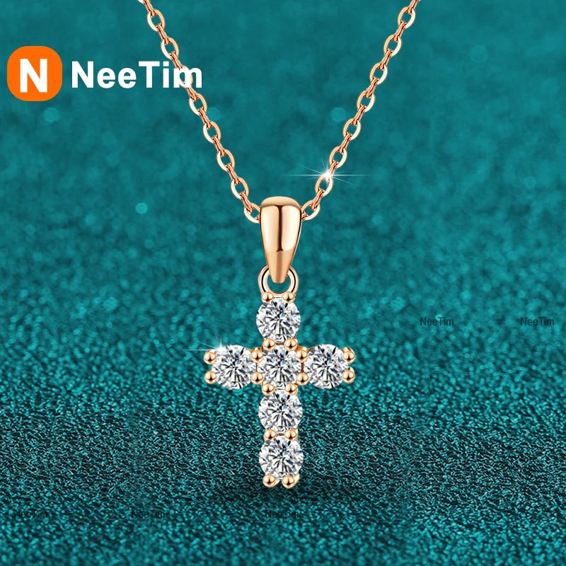 NeeTim Collar de Cruz de Moissanita D VVS1 de 3 mm para Mujer, Diamante de Laboratorio, Plata de Ley 925, Colgante de Boda, Collares Certificados
