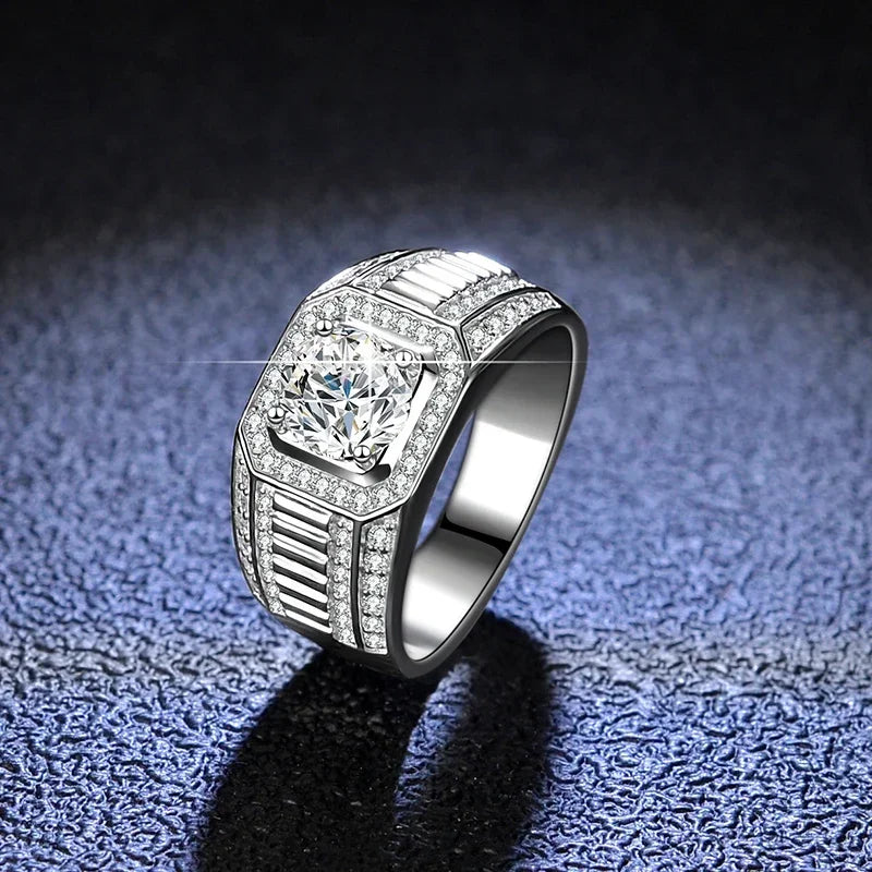 NeeTim Moissanit-Ring für Herren, Sterlingsilber, Platinbeschichtet, Labor-Diamant, Herrenring, Ehering, Feiner Schmuck