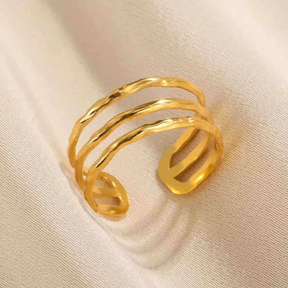 316L Edelstahlringe für Frauen Goldfarben Mehrlagiger Geometrischer Offener Ring Vintage Wasserdichter Hochzeit Ästhetischer Schmuck Geschenke