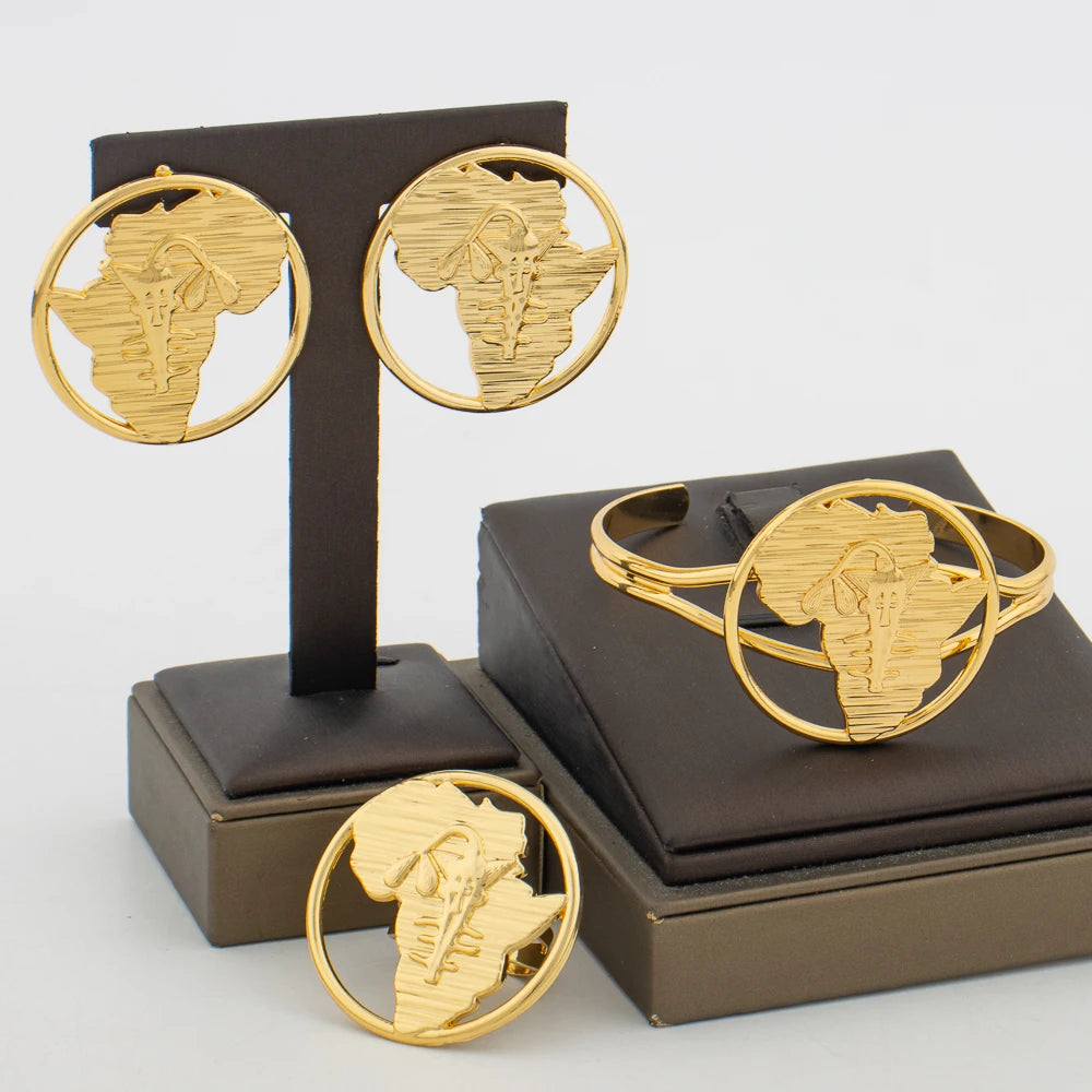 Ohrringe und Armreif Ring Schmuckset für Party Afrikanische 18 Karat Gold Farbe Ohrringe Fingerring Hochzeiten Brautschmuck Accessoires