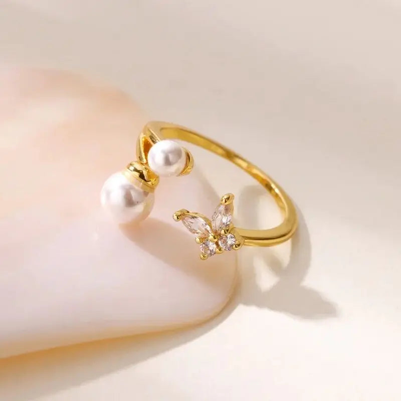 Zirkon Schmetterling Imitation Perle Ring für Frauen Edelstahl Goldfarbe Ring 2025 Neue Mode Hochzeit Paar Schmuck Geschenke