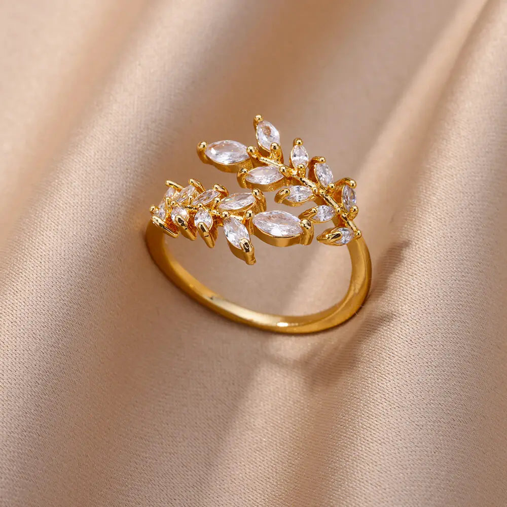 Goldfarbene Zirkonia-Ringe für Damen Offener Edelstahl Grüner Luxus-Kristall-Fingerring Boho Schmuck Hochzeitsfeier Geschenk