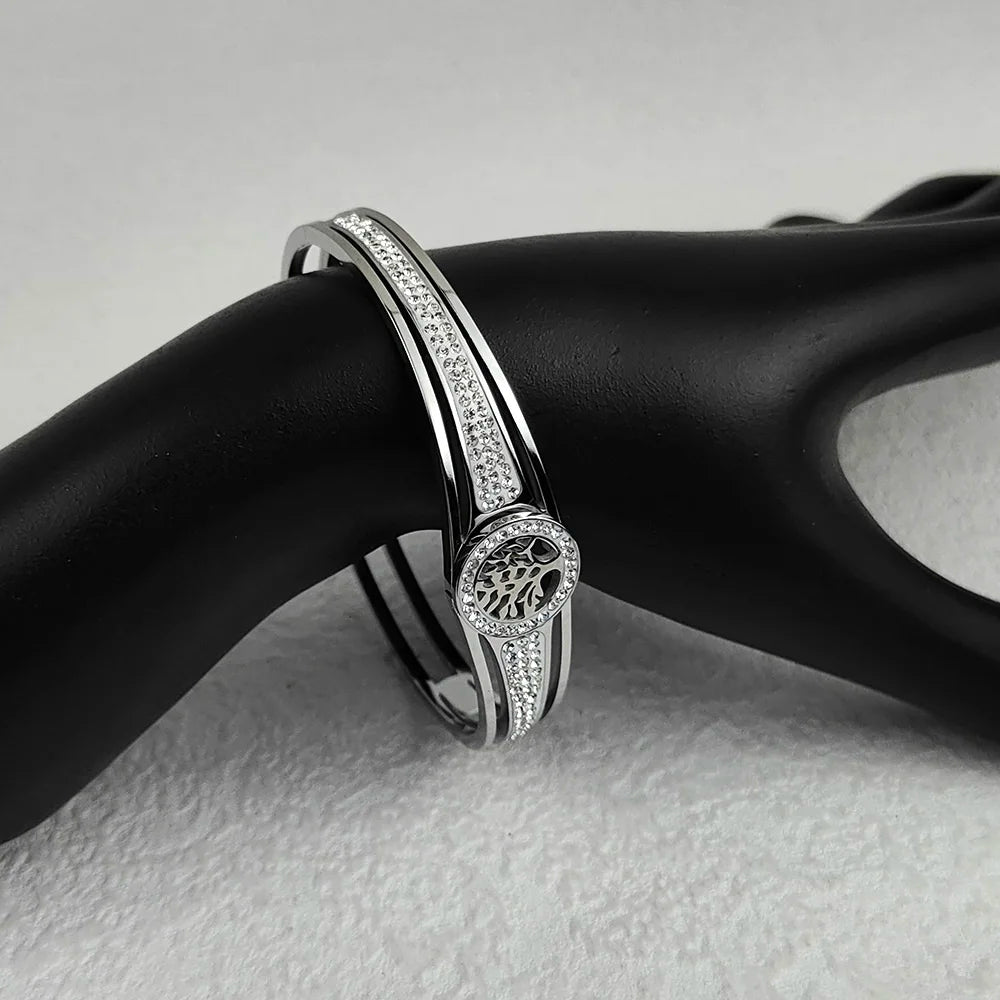 Luxus-Edelstahl-Lebensbaum-Armreif für Frauen und Männer, Kristall-Zirkon-Armband, Silber-Gold-Farbe, Handgelenkschmuck-Accessoires