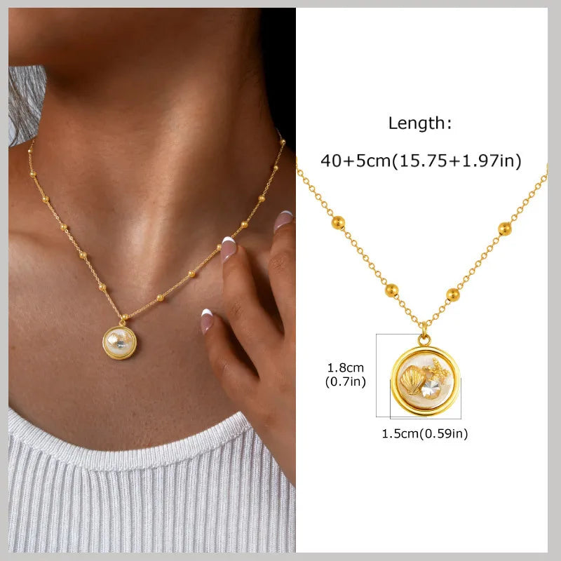 18k Gold Plated Pearl Shell Conch Starfish Summer Beach Necklace, Charms Necklace for Women,Stainless Steel Waterproof Jewelry