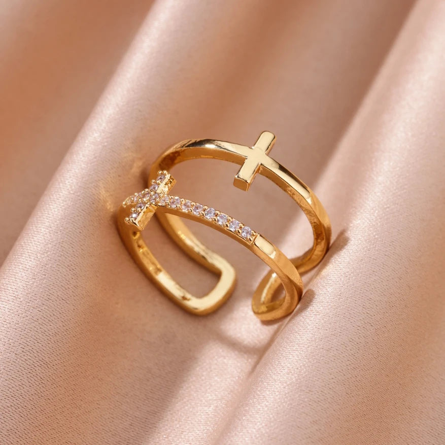 Zirkon-Ketten-Kreuzringe für Damen Vintage Goldfarbe Edelstahl Geometrischer offener Ring Mode Hochzeit Ästhetischer Schmuck Geschenk