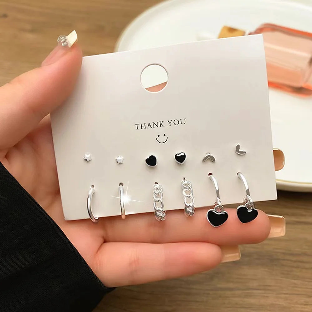 6 Paar koreanische Mode Metall Start Herz Kreis Kleine Ohrringe für Frauen Trend Schwarze Herz Emaille Ohrringe Süßer Schmuck