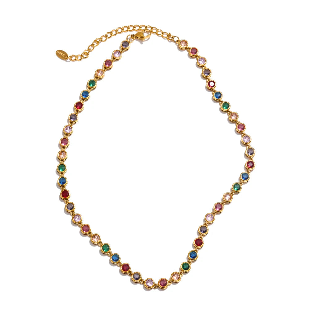 Yhpup Exquisite bunte Zirkonia Luxus Gliederkette Halskette Armband für Damen Edelstahl wasserdichter Schmuck Geschenk