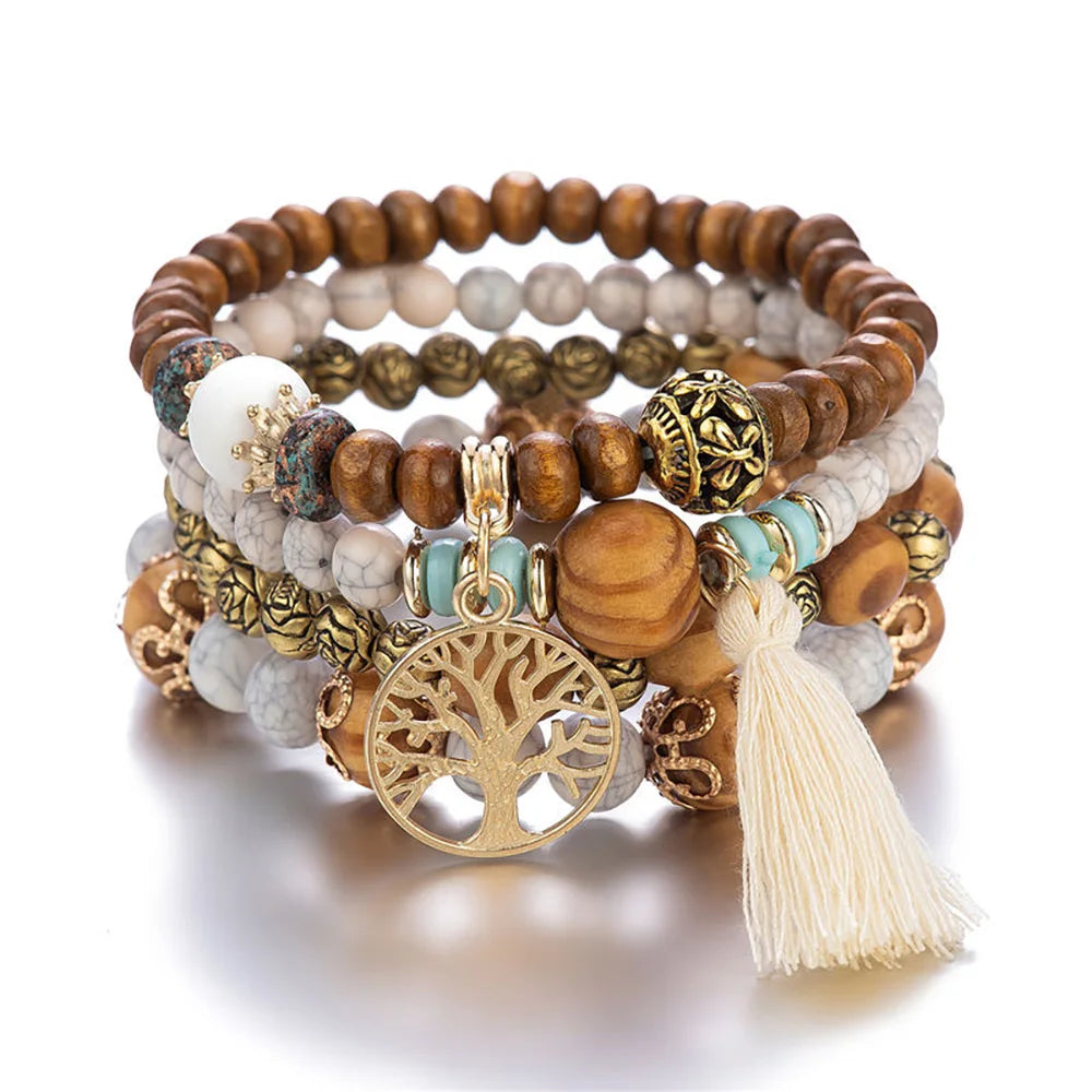 Boho Lebensbaum-Armband-Set für Frauen, modische Quasten, Charms, Holzperlen, elastische Kette, Armreif, trendiger Party-Schmuck für Mädchen