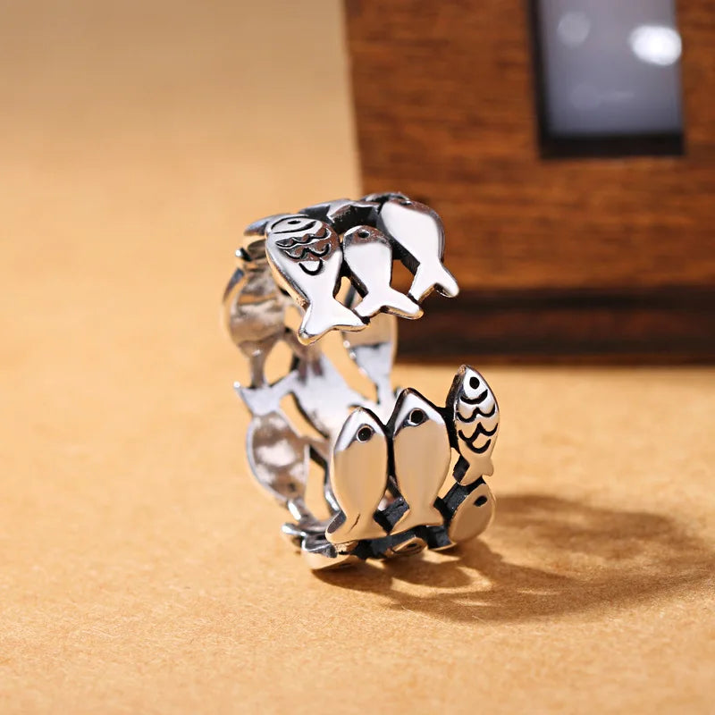 Anillos ajustables de plata de ley 925 con tres capas de pez para mujer, compromiso, boda, accesorios de joyería vintage