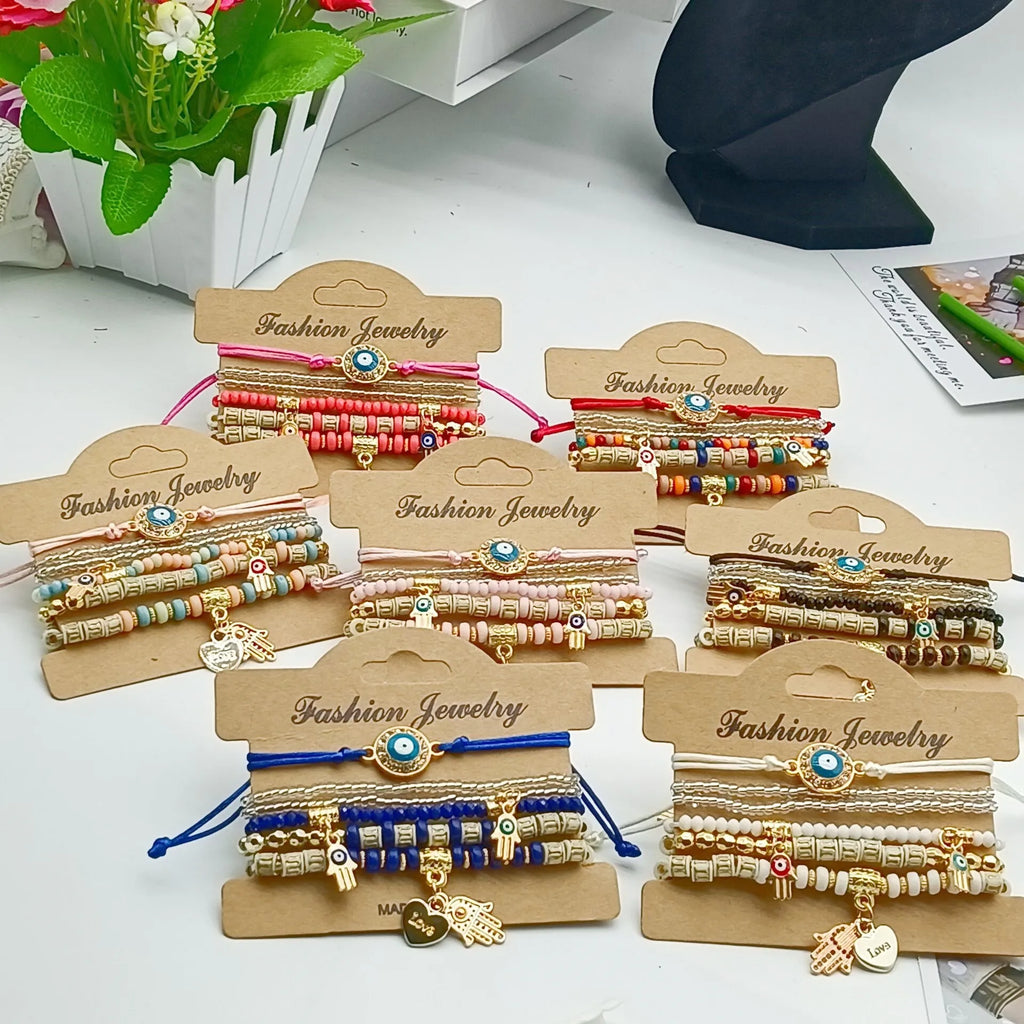 6Pcs Fatima Hand Böses Auge Armband Set für Frauen Herz Charm Perlen Seilkette Armreif Weiblicher Böhmischer Handgemachter Schmuck