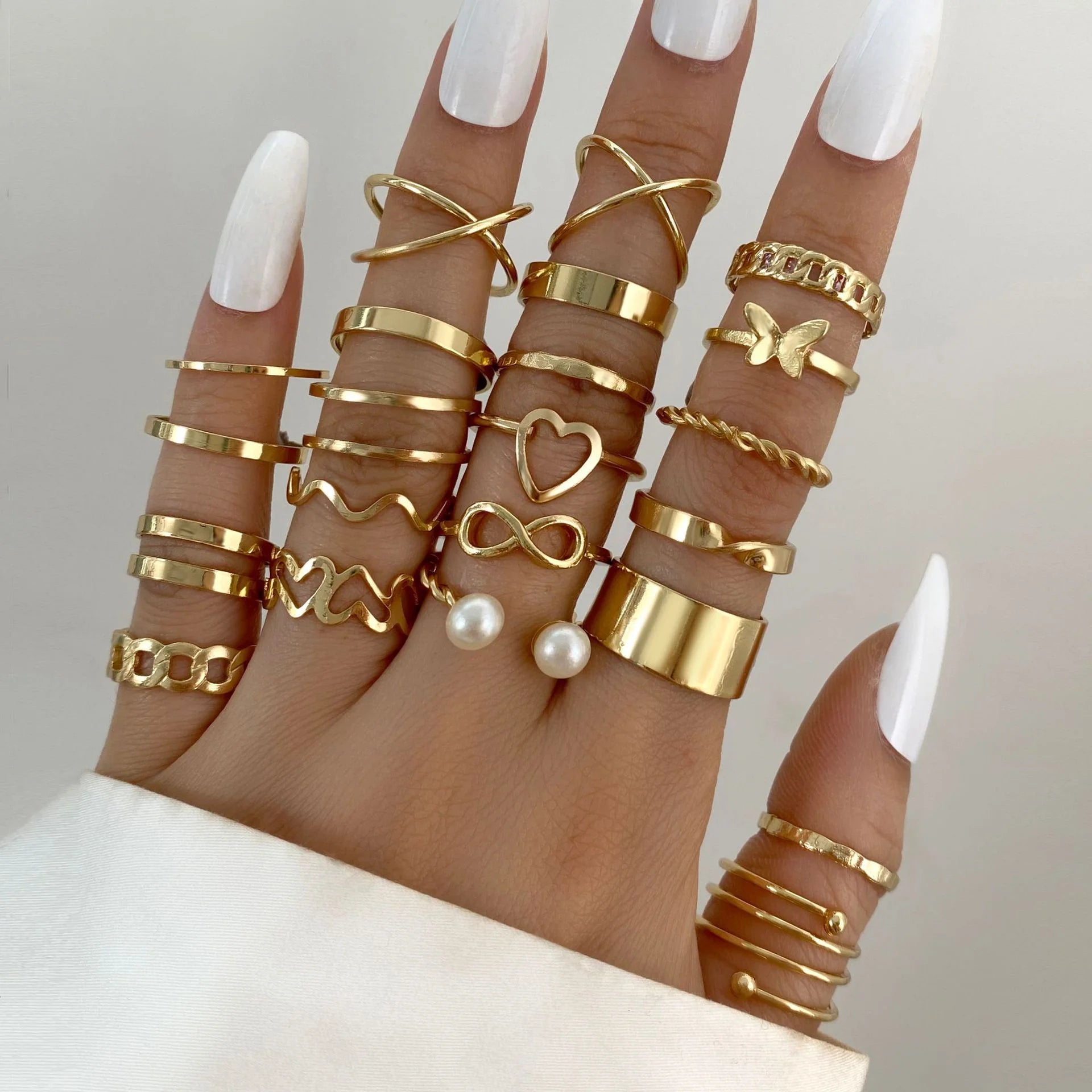 47 Teile/Set Vintage Goldfarbe Herzringe Set Für Damen Herren Hohl Schmetterling Perle Kristall Geometrische Ringe Trendiger Fingerschmuck