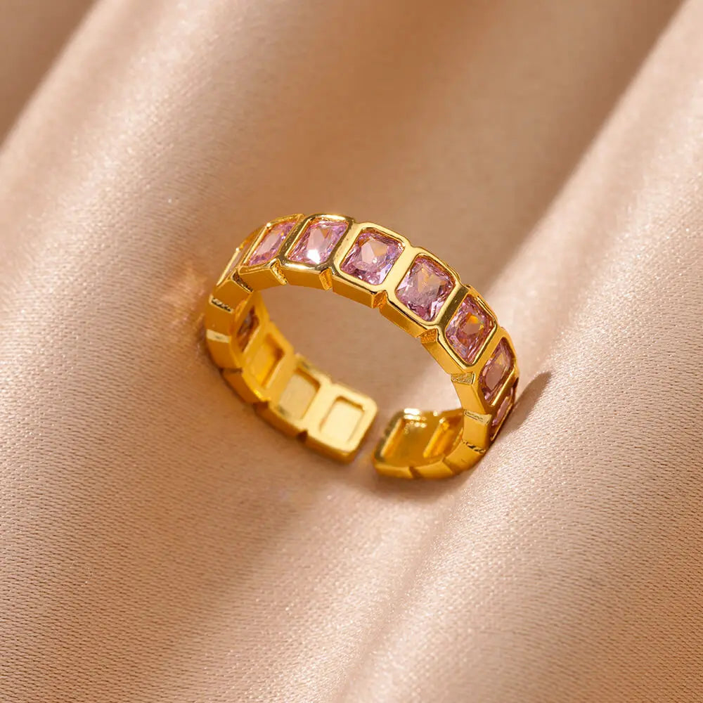 Bunter Zirkonia-Ring für Damen, Edelstahl, goldfarben, offener Ring, Vintage-Boho-Hochzeitsfeier-Schmuck, Geschenk-Accessoires