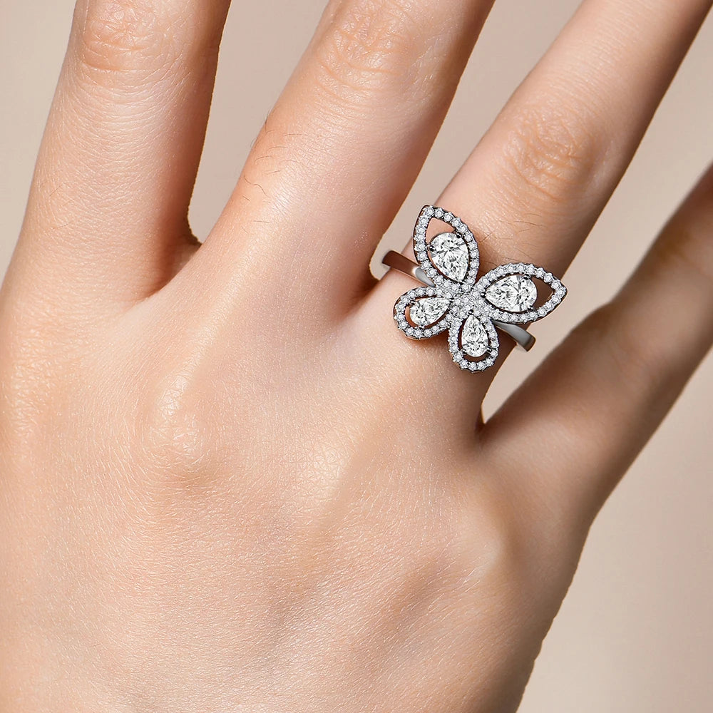 MINTYBOX Schmetterling Moissanit Ring für Damen Massiv 10k 14k Weißgold Tropfenschliff 6*4mm Besteht Diamantentest Verlobungsfeinschmuck
