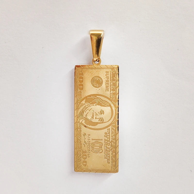 Colgante impermeable con dije de barra chapado en oro de 18 quilates, acero inoxidable, diseño de dólar estadounidense, personalizado