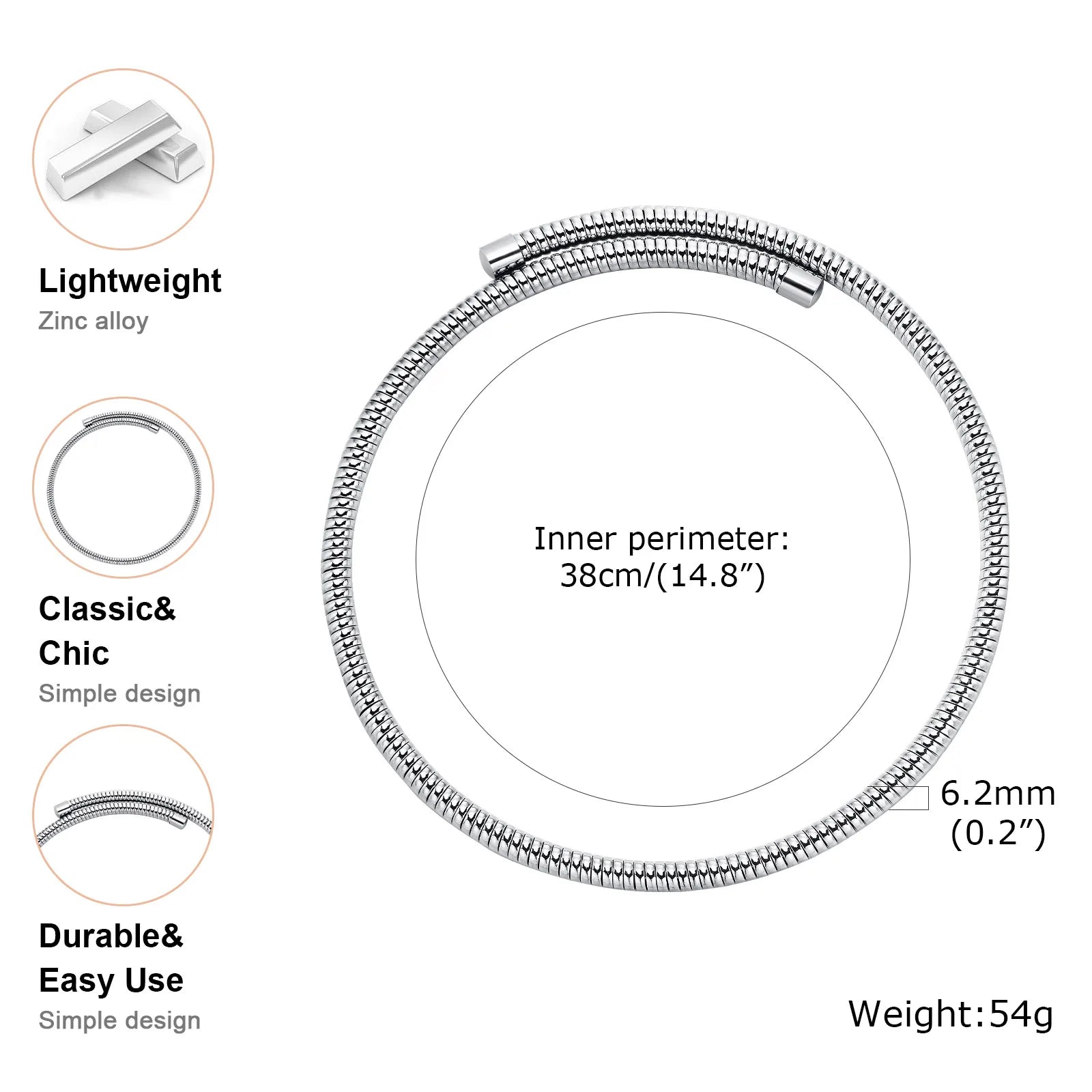 Women Torques Necklace, Adjustable Open Choker Snake Collar Stretch Statement Jewelry