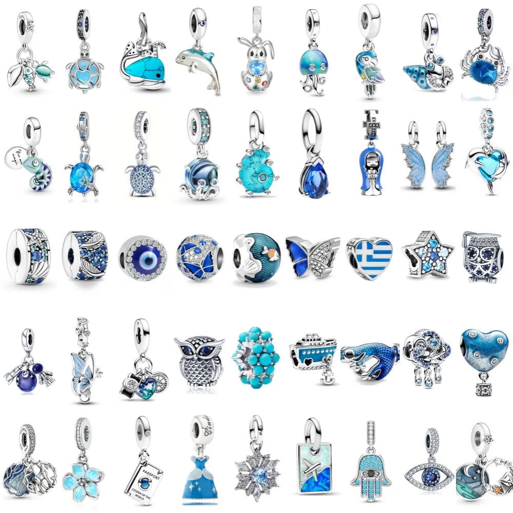 Europäische Sommer Blaue Serie Schildkrötenblumen-Anhänger Passend für S925 Europäisches 925 Sterling Silber Armband Armreifen Halskette