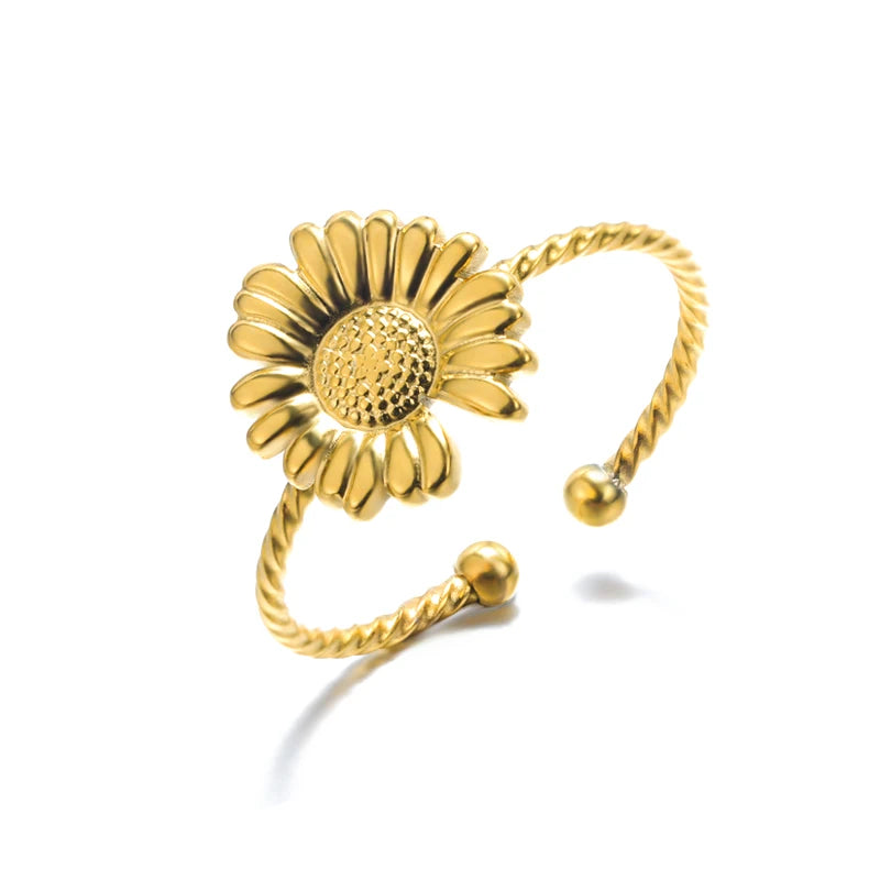 Edelstahl Übertrieben Große Blumenringe Für Frauen Gold Farbe Sonnenblume Fingerring Weiblich Mode Ästhetischer Schmuck Geschenk