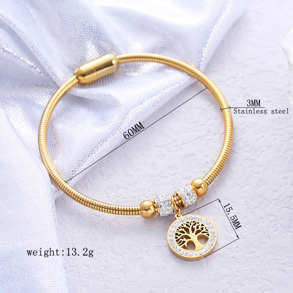 Luxus-Edelstahl-Lebensbaum-Armreif für Frauen und Männer, Kristall-Zirkon-Armband, Silber-Gold-Farbe, Handgelenkschmuck-Accessoires