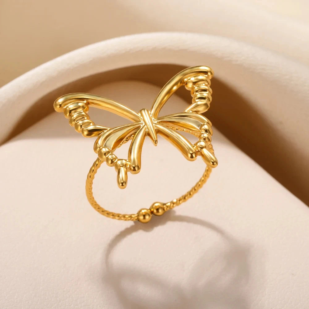 Edelstahl Sonnenringe für Frauen Goldfarbe Sonne Schmetterling Finger Verstellbarer Ring Ästhetischer Mode Hochzeitsschmuck Geschenk