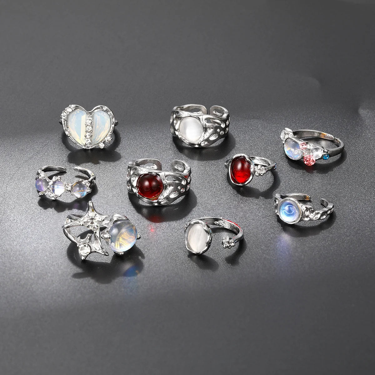 9 Stück Y2K Kristallringe Kpop Herz Verstellbarer Ring Unregelmäßige Geometrie Punk Vintage Ringe Set für Frauen Mädchen Neuer Modeschmuck