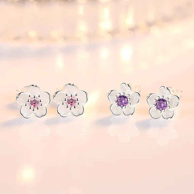 925er Sterlingsilber Rosa Lila Zirkon Blume Kleine Ohrstecker für Frauen Hochzeit Elegante Luxus Schmuck Accessoires Großhandel