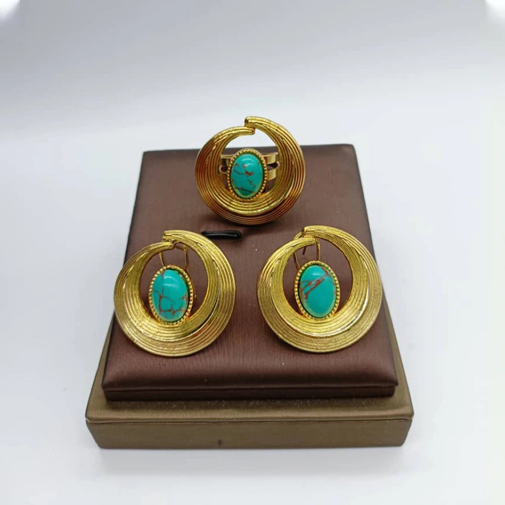 Afrikanisches Schmuckset für Damen Spiralform Neue Mode Lila Stein Ohrringe Fingerring Dubai Indischer Luxus Goldschmuck