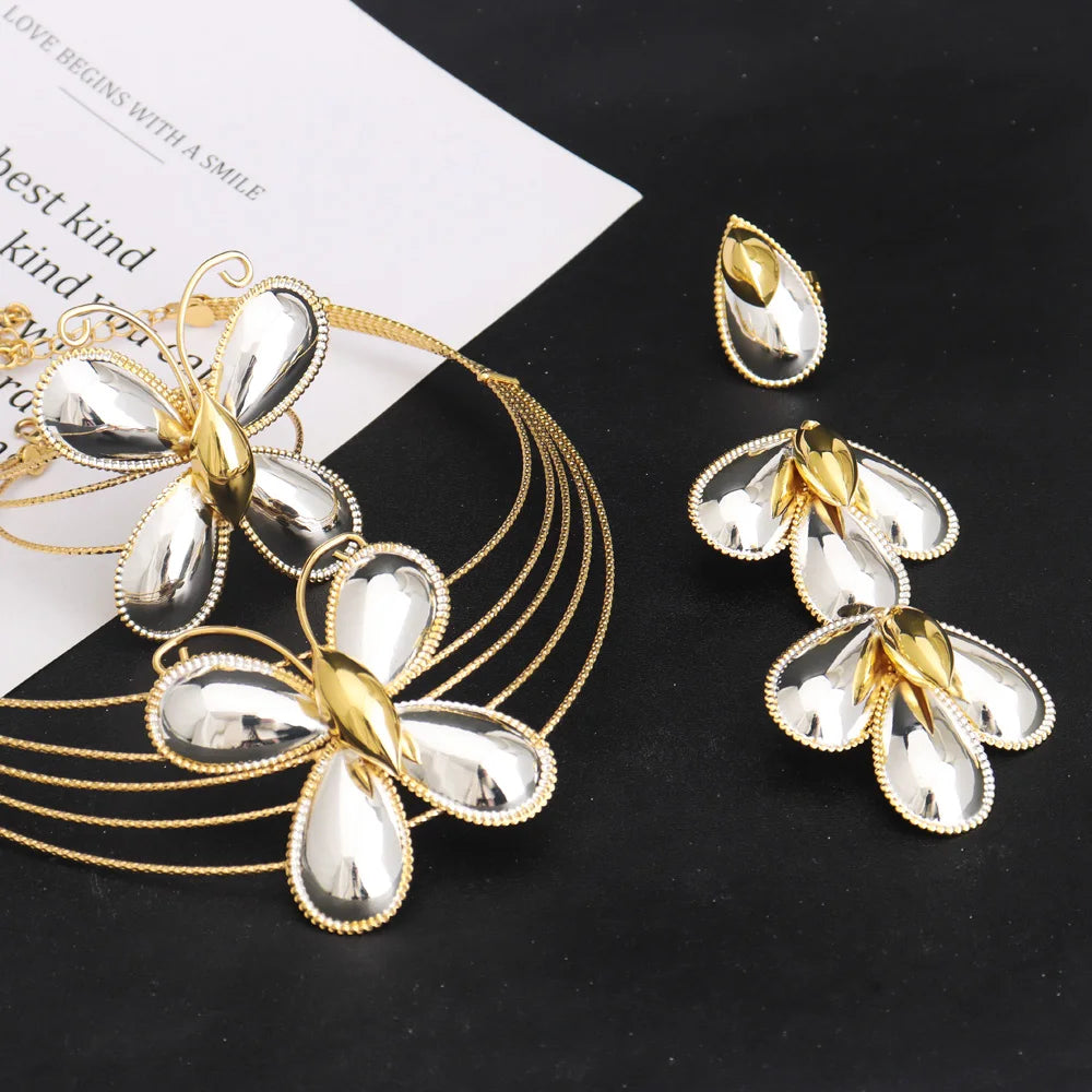 Dubai Luxuriöser Schmuck 4-teiliges Damen-Mode-Set mit trendigen Blumenohrringen, Anhängerkette, Armband, vergoldeter Schmuck, Partygeschenke
