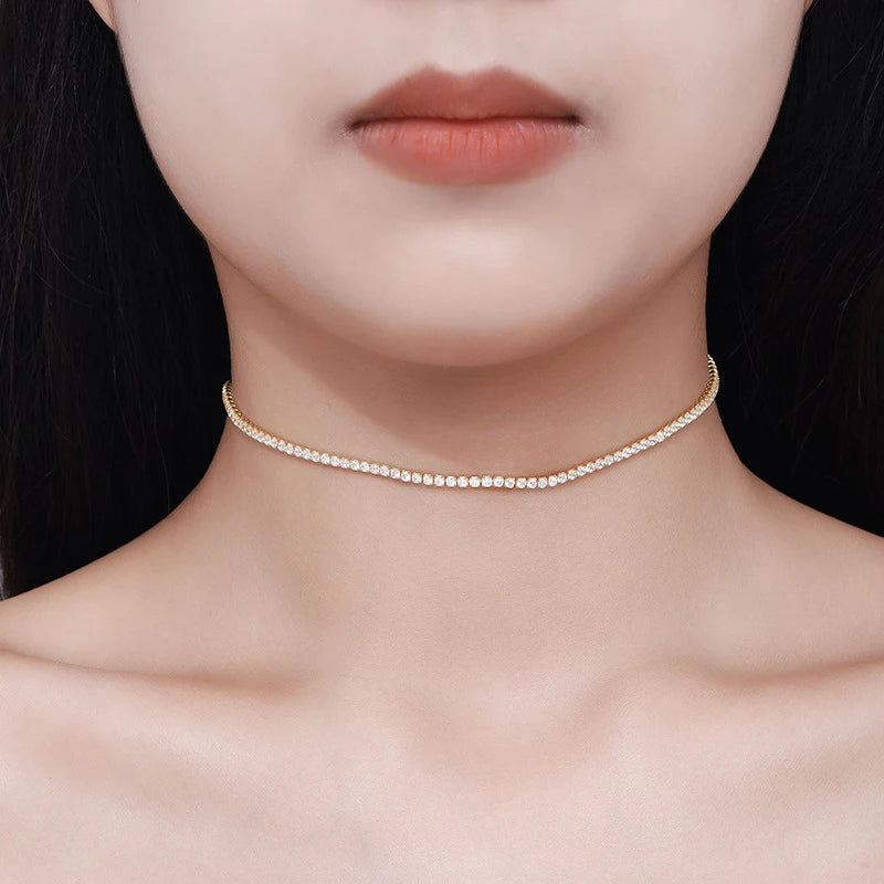 Collar de tenis NeeTim de 2 mm D color, todo de moissanita para mujer, cadena gargantilla ajustable de plata de ley 925 con joyas chapadas en oro