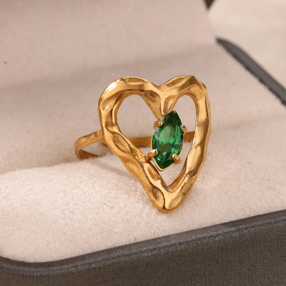 Grüne Zirkonia Herzringe für Damen, Vintage Goldfarben, Edelstahl, offener Ring, modischer ästhetischer Schmuck, Hochzeitsgeschenk