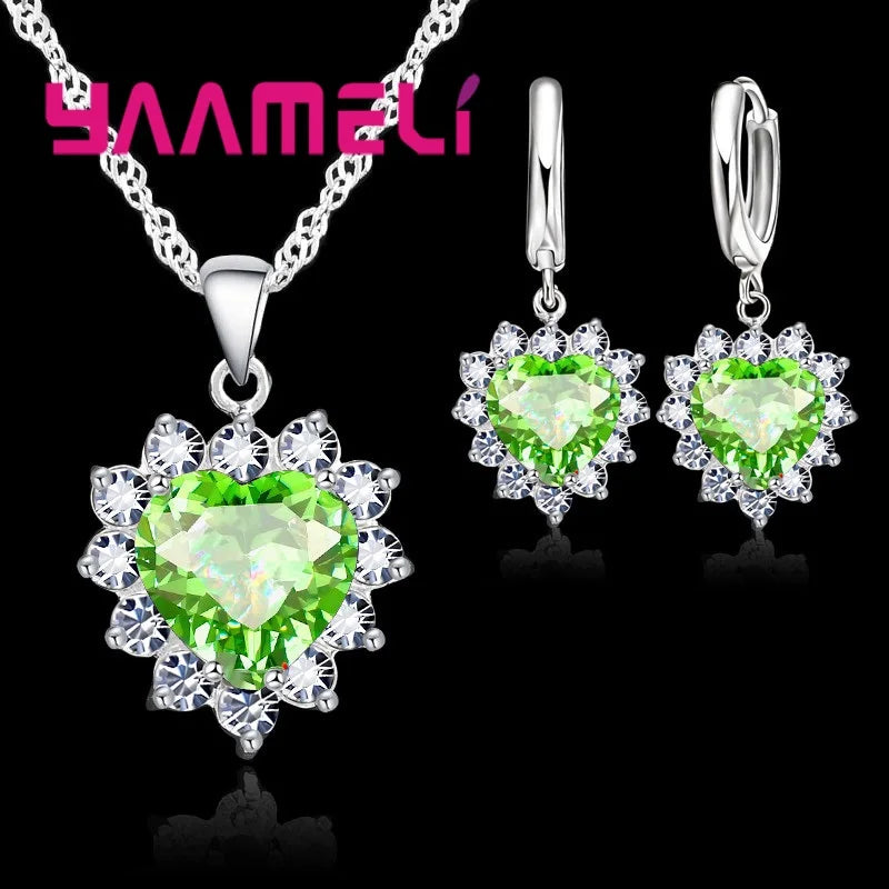 Trendiges 925 Sterling Silber Schmuckset für Damen mit Herz-Zirkonia-Anhänger, Halsketten und Ohrringen – LIEBE Jubiläumsgeschenk