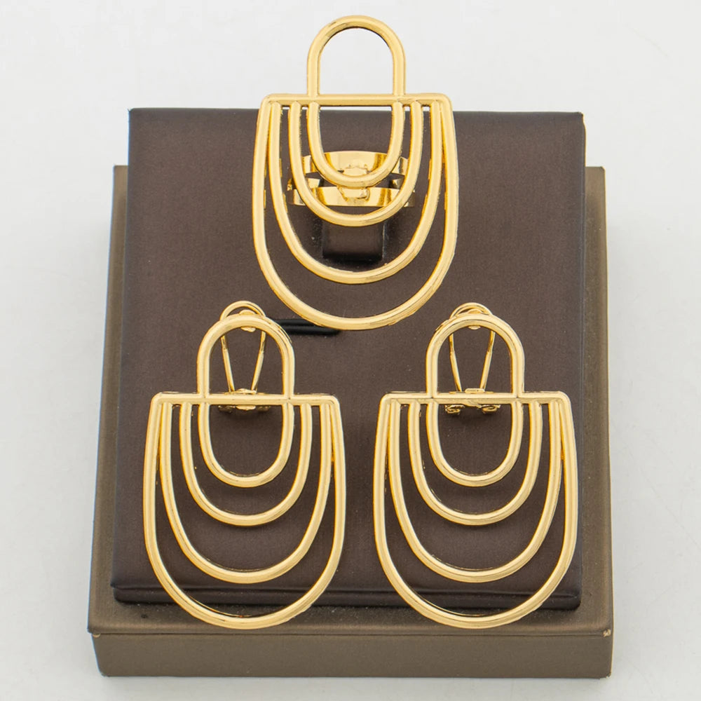 Neues Design Goldfarbene Ohrringe mit Ring Schmuckset für Partys, afrikanische Clip-Ohrringe und Cocktailring, 2-teiliges Set für Hochzeiten