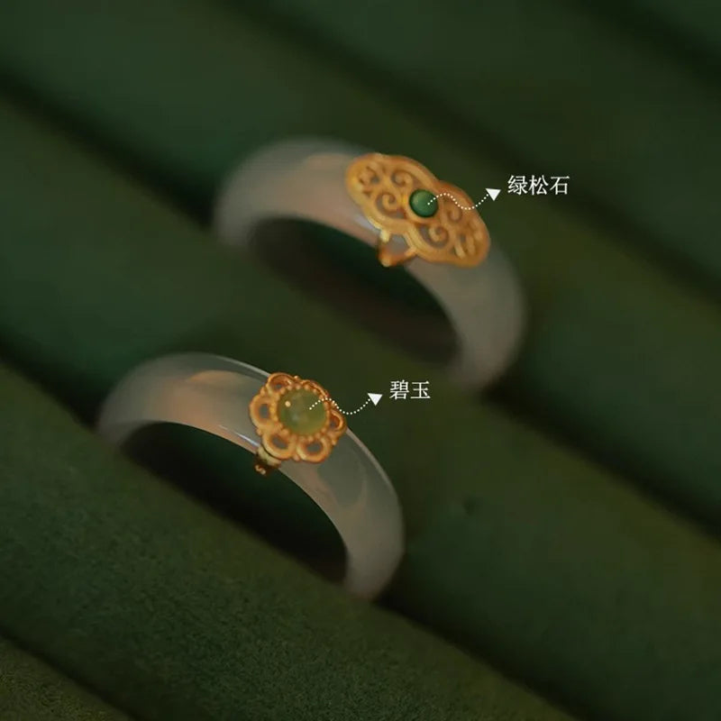 VENTFILLE Anillo de calcedonia y jade de Hotan de plata de ley S925 para mujer, accesorios de joyería vintage de turquesa para niñas, dropshipping