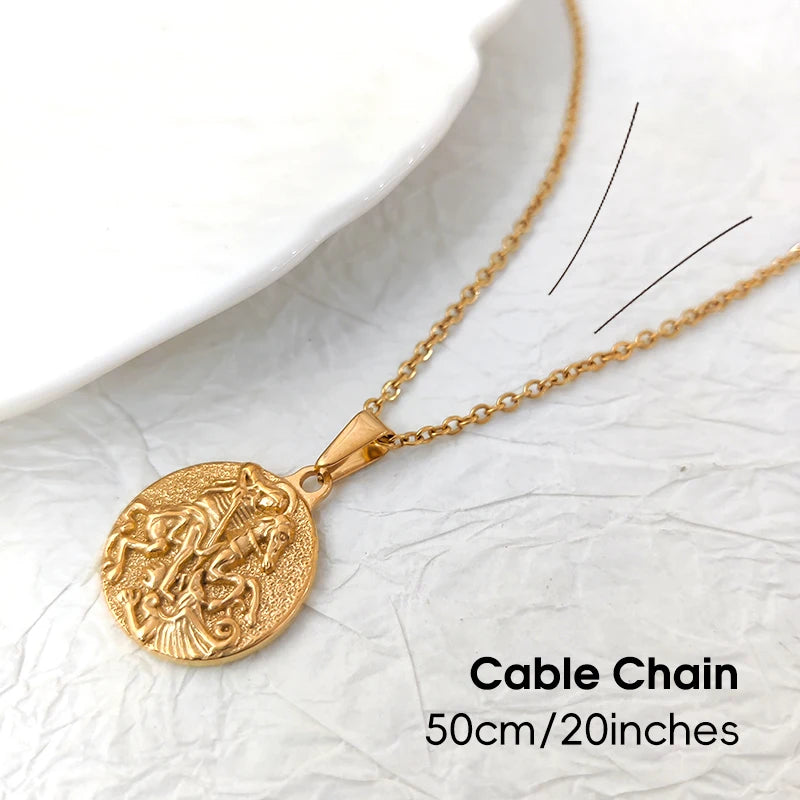 Joyas Impermeables Chapado en Oro de 18k Colgante de San Jorge Acero Inoxidable Colgante de Poseidón Búho Espartano Medalla Religiosa para Hombre