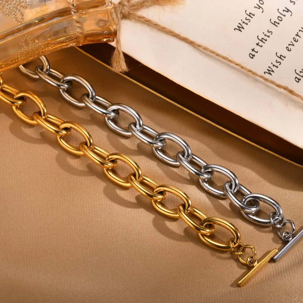 Massive klobige Toggle-Armbänder für Damen, Edelstahl OT-Verschluss-Gliederkettenarmband, vergoldet, anlaufgeschützt