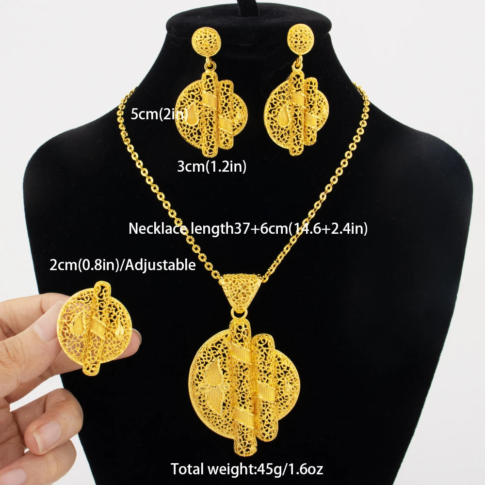 24 Karat goldfarbenes Party-Halskette-Ohrringe-Ringe-Set, luxuriöse Goldschmuck-Sets für Damen, Hochzeitsfeier-Accessoires